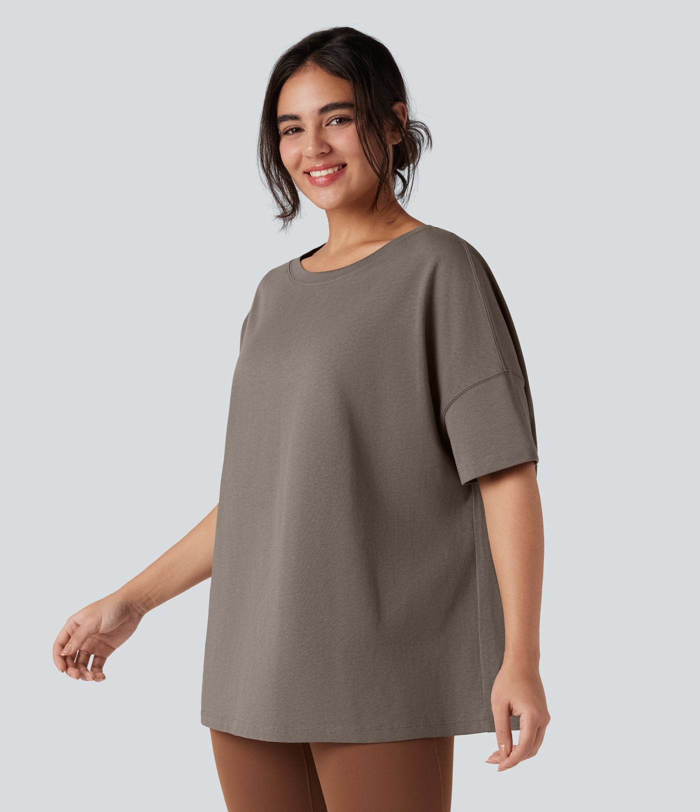 T-shirt coton oversize col rond manches mi-longues