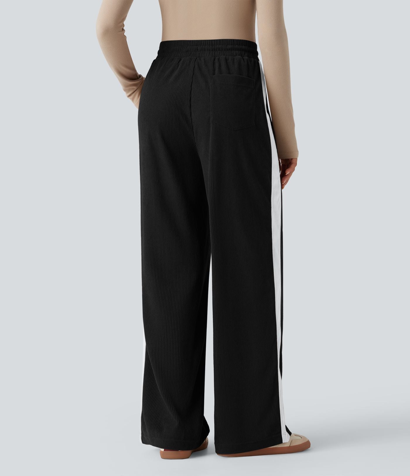 Pantalon jogging décontracté droit colorblock en velours côtelé, taille haute, avec cordon et poches