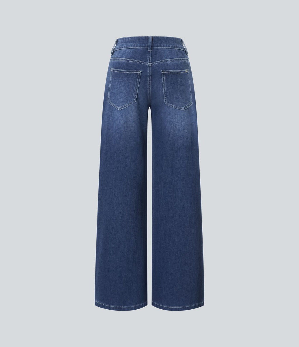 Halara Flex™ Jean Large Casual Taille Basse avec Boutons Zip Multiples Poches Lavés Élastiques et Tricotés