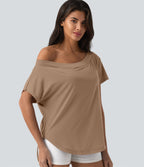 Top de sport yoga asymétrique à épaule dénudée manches courtes ourlet arrondi et coupe asymétrique à séchage rapide – Soutien-gorge intégré