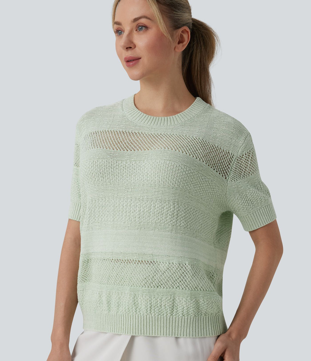 Pull tailleur col rond manches courtes crochet