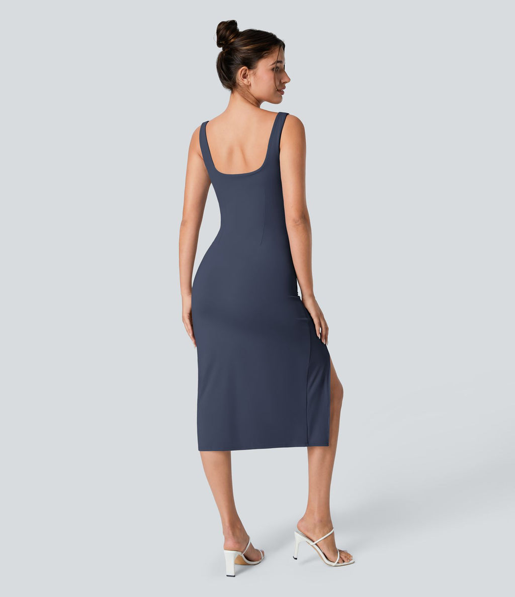 Robe corset midi moulante ruchée à encolure carrée, dos nu, brassière intégrée