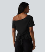 T-shirt décontracté asymétrique manches courtes soutien-gorge intégré nœud devant