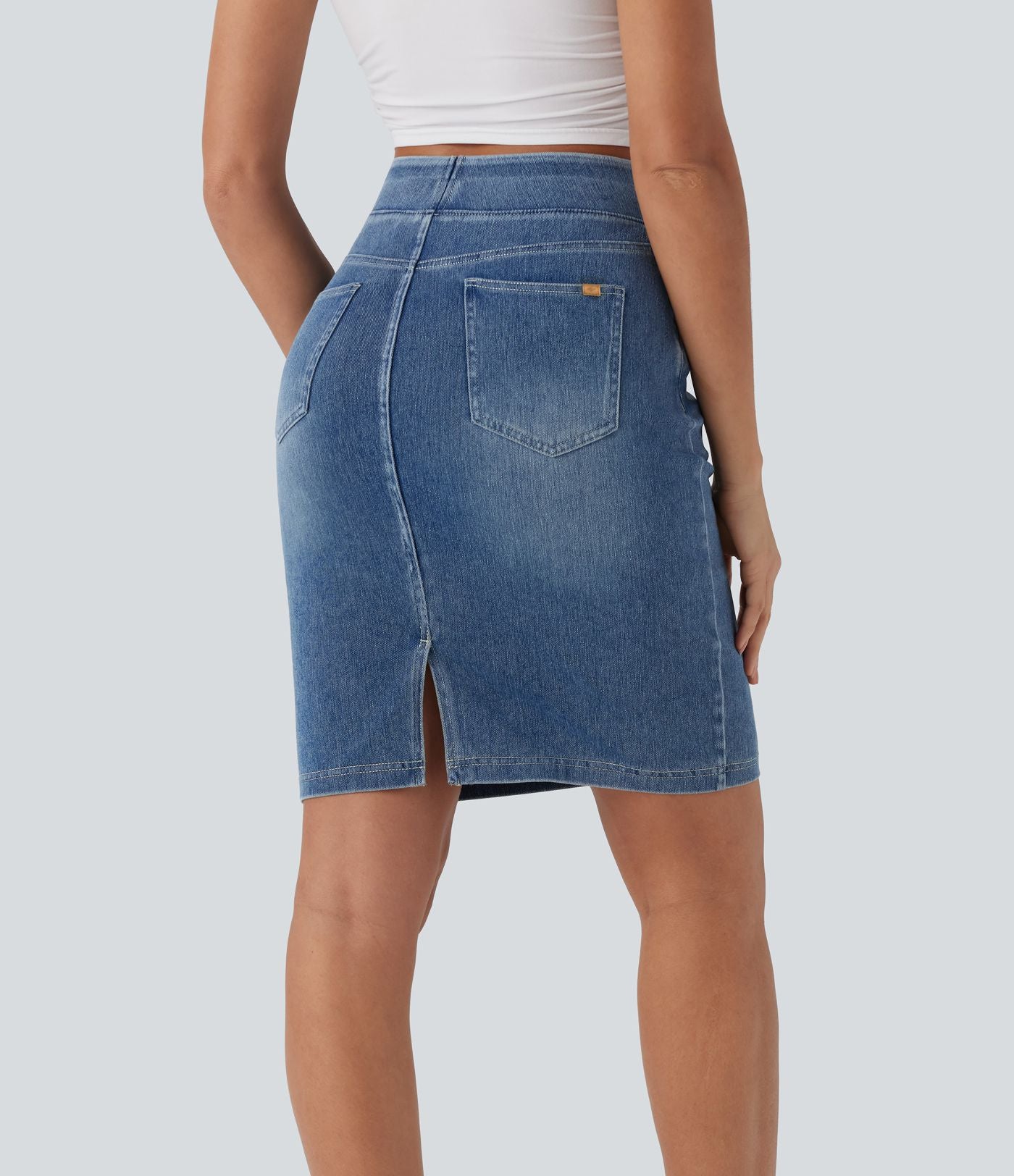 Halara Flex™ Jupe en Jean décontractée stretch délavé à taille haute, multiples poches et fente latérale
