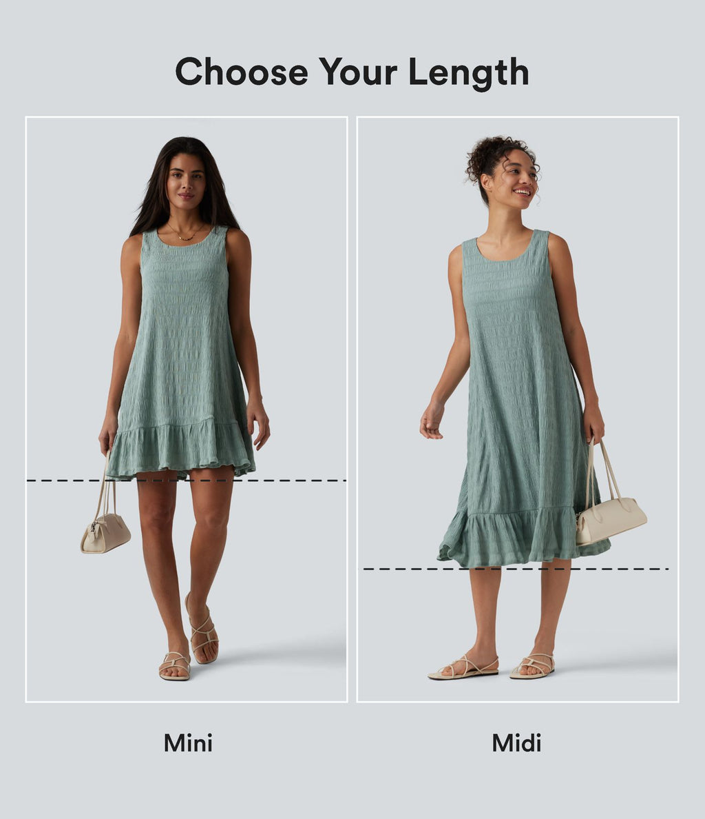 Robe courte décontractée sans manches à col rond, soutien-gorge intégré et ourlet à volants