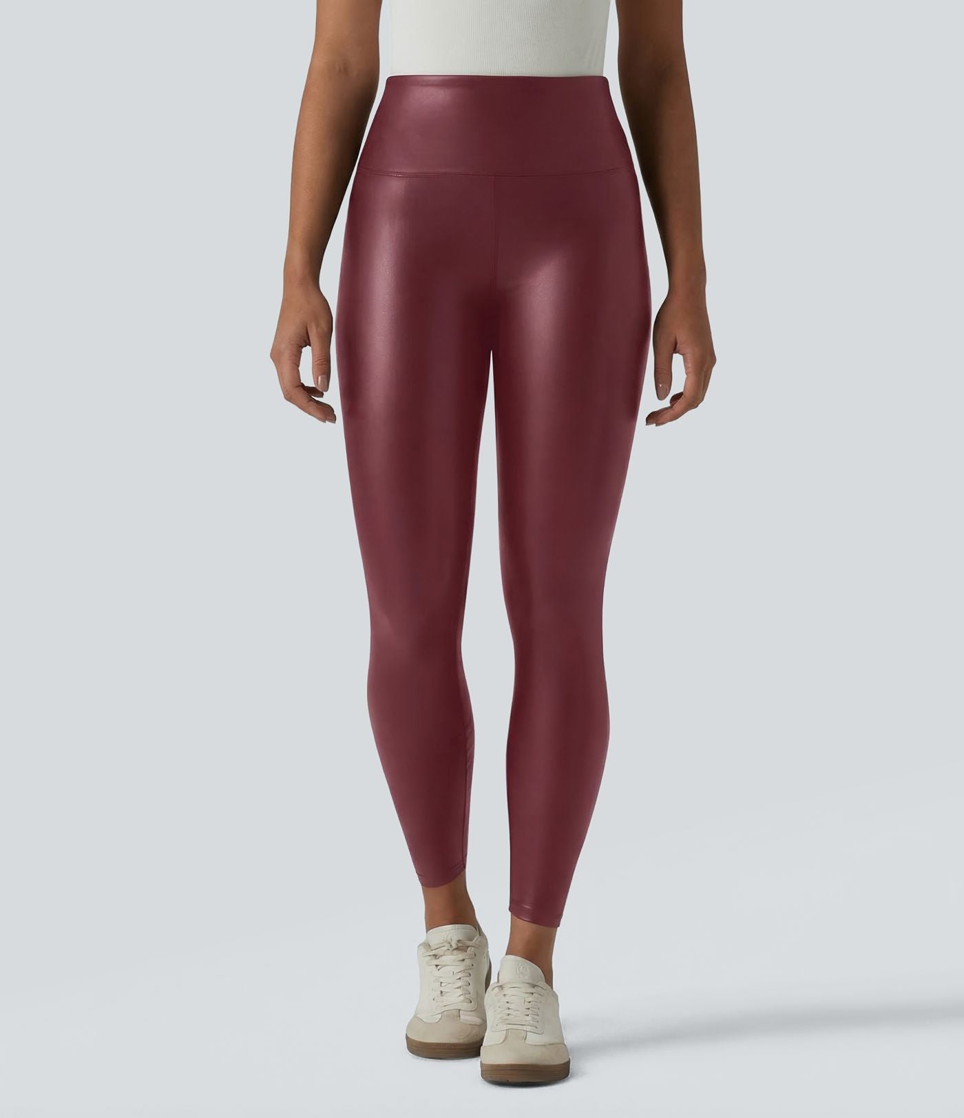 Legging casual 7/8 taille haute ventre plat en similicuir extensible, avec poches