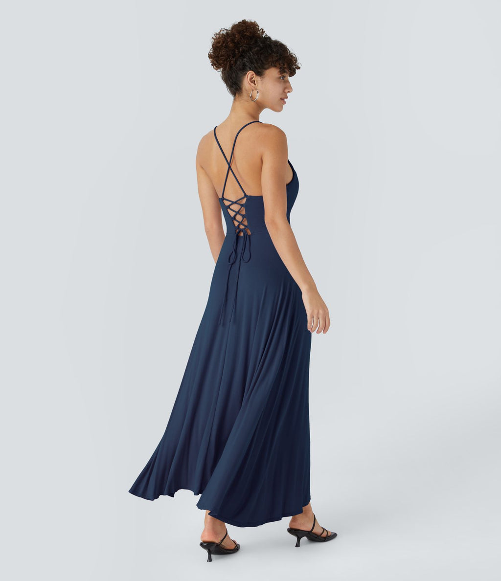 Robe Soirée Midi Encolure Côtelée Dos Nu Lacets Croisés Fendue