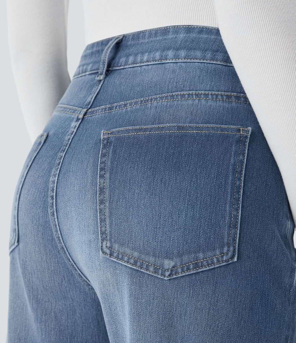 Jean décontracté Halara Flex™ taille haute jambes larges avec poches multiples et ourlet ajustable, en maille extensible effet délavé