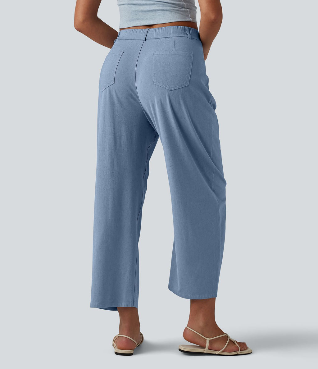 Pantalon casual taille haute en lin stretch coupe barrel avec poches