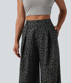 Pantalon large décontracté imprimé léopard taille mi-haute avec poches
