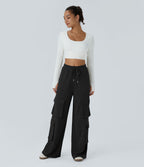 Pantalon cargo décontracté large à cordon côtelé, taille mi-haute, avec poches