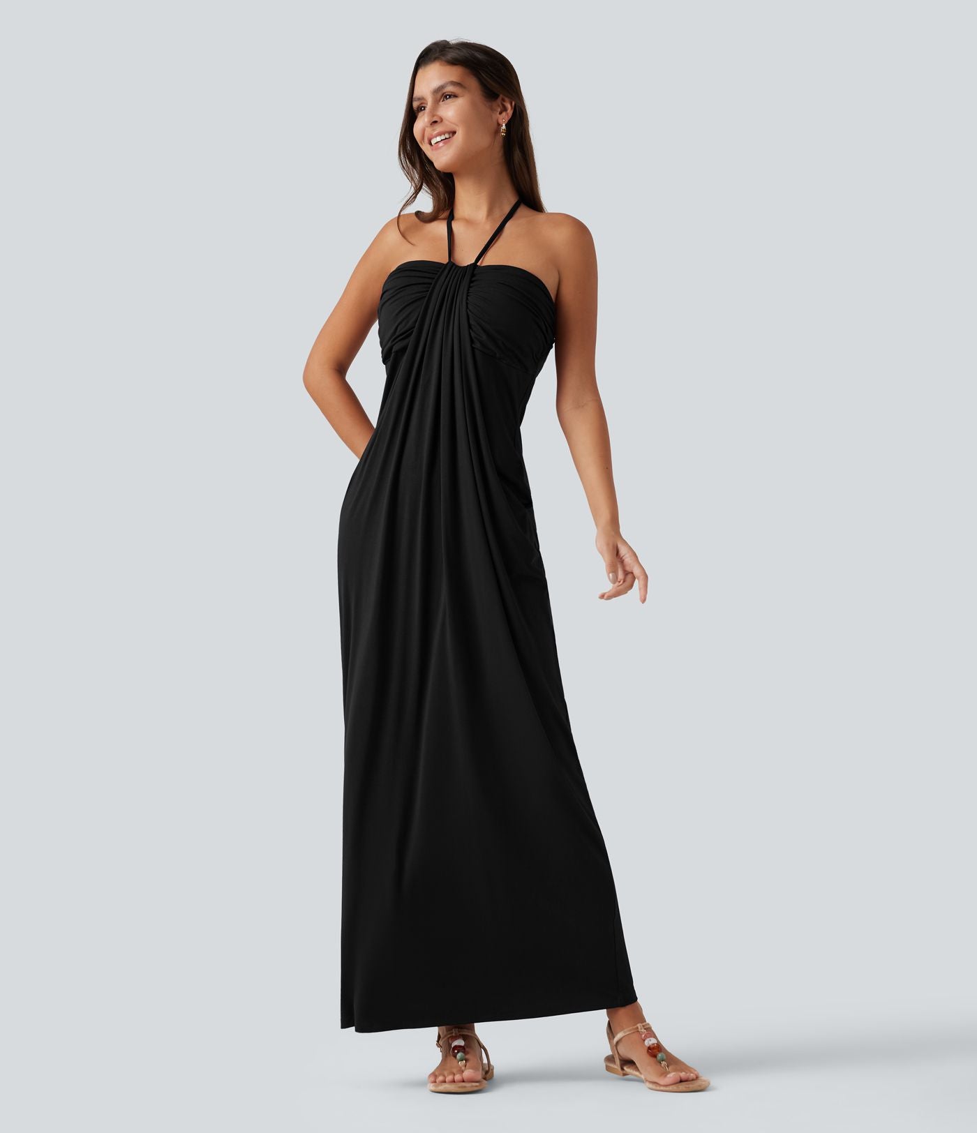 Robe longue dos-nu à nouer avec soutien-gorge intégré et poches, bonnets DD à F