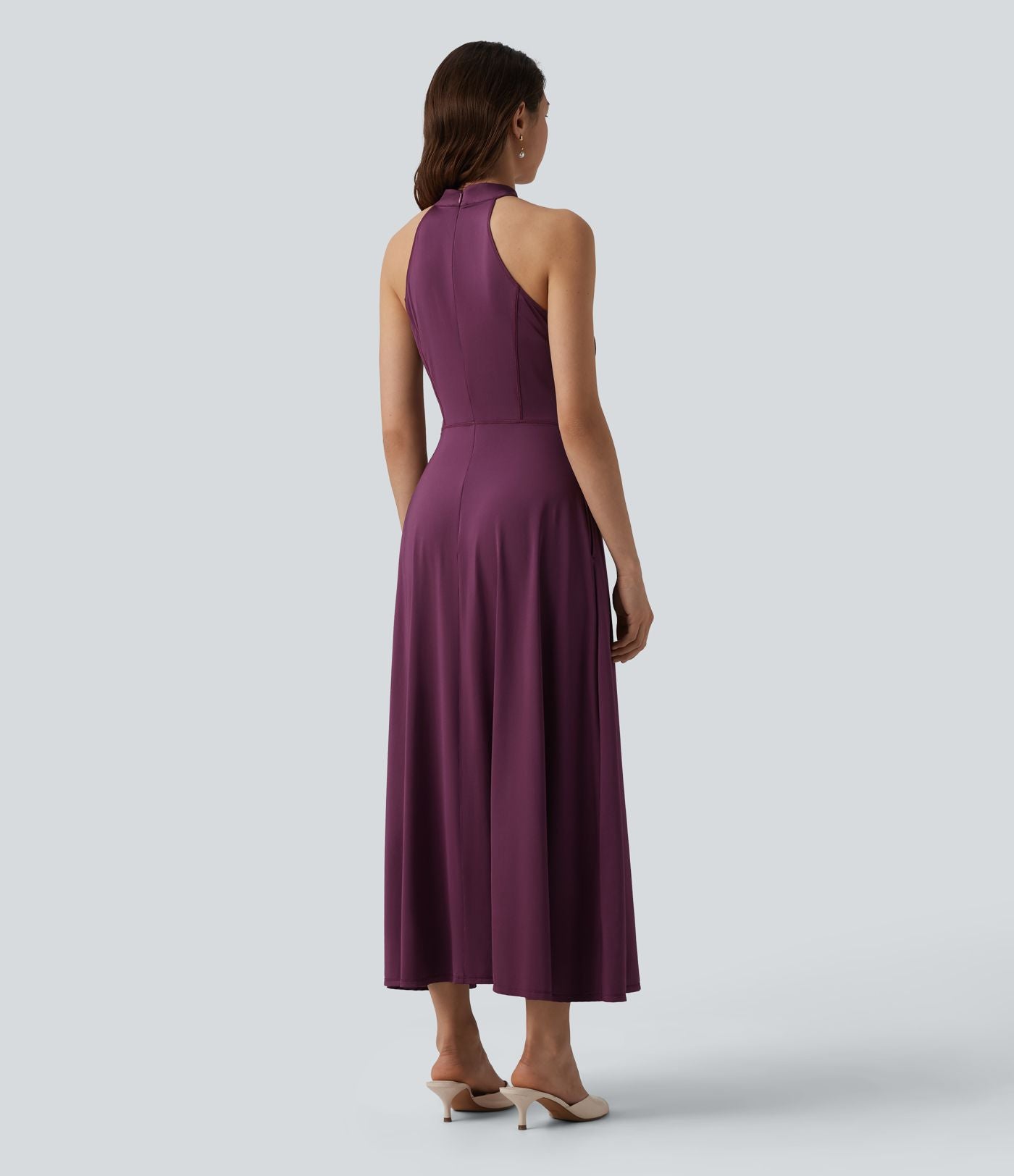 Robe midi fluide à col cheminée, sans manches, zip invisible, en satin extensible à effet frais InstantCool, idéale pour demoiselles d'honneur et invitées de mariage, avec poches