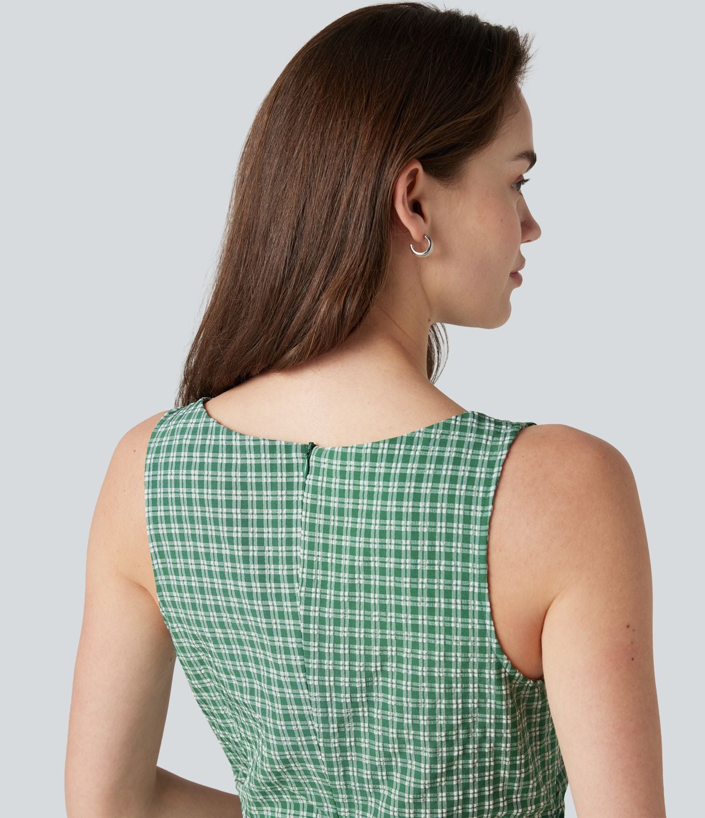Robe mini casual sans manches col bateau à carreaux vichy, avec poches