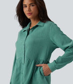 Chemise décontractée peplum à col manches longues avec ourlet à volants effet froissé et poches