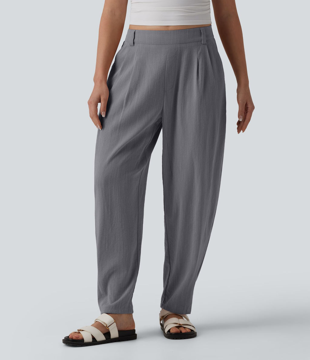 Pantalon décontracté coupe ballon taille mi-haute aspect lin avec poches