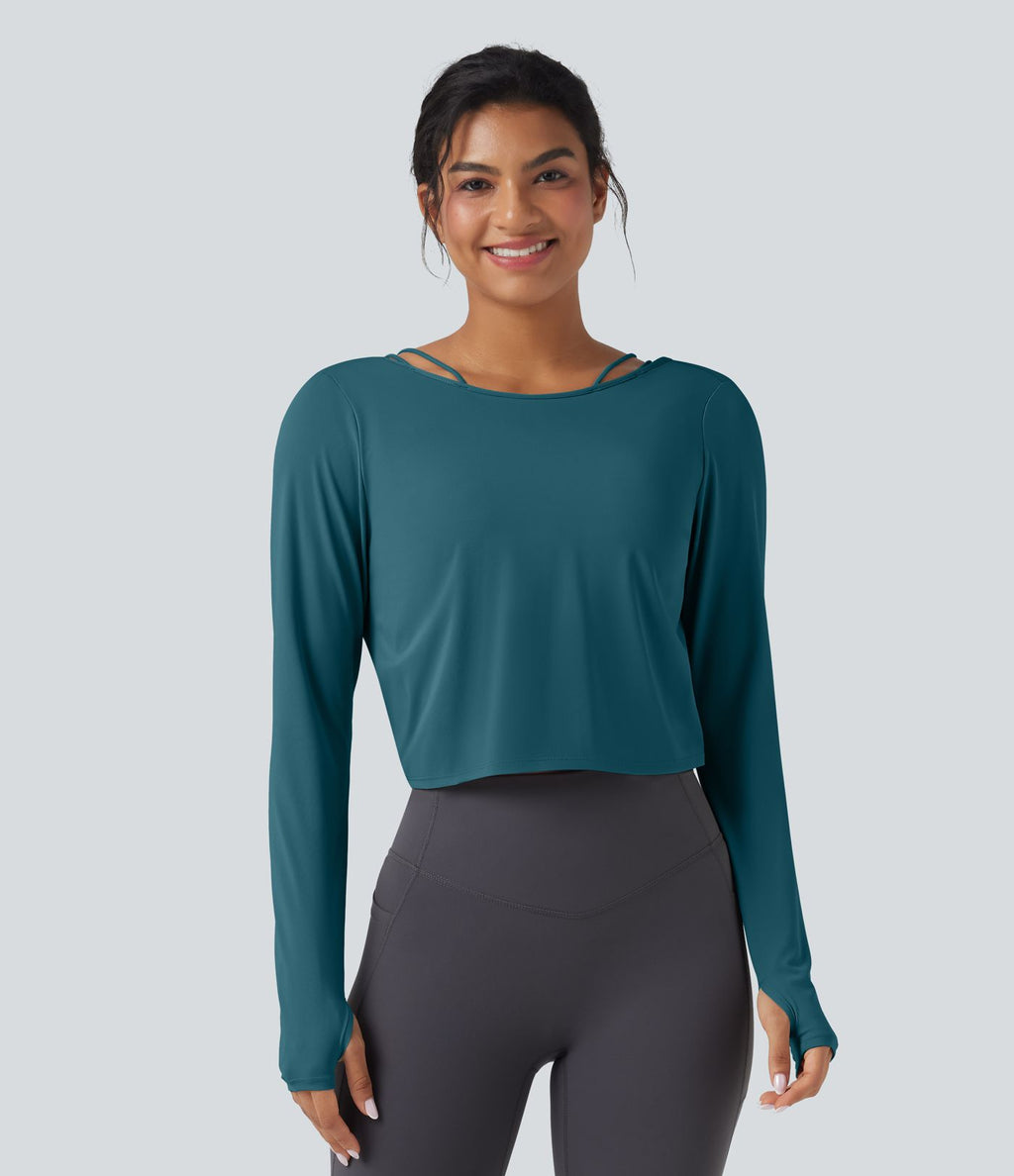 Top de sport yoga SoftlyZero™ QuickDry 2-en-1 dos nu torsadé manches longues avec trous pouces