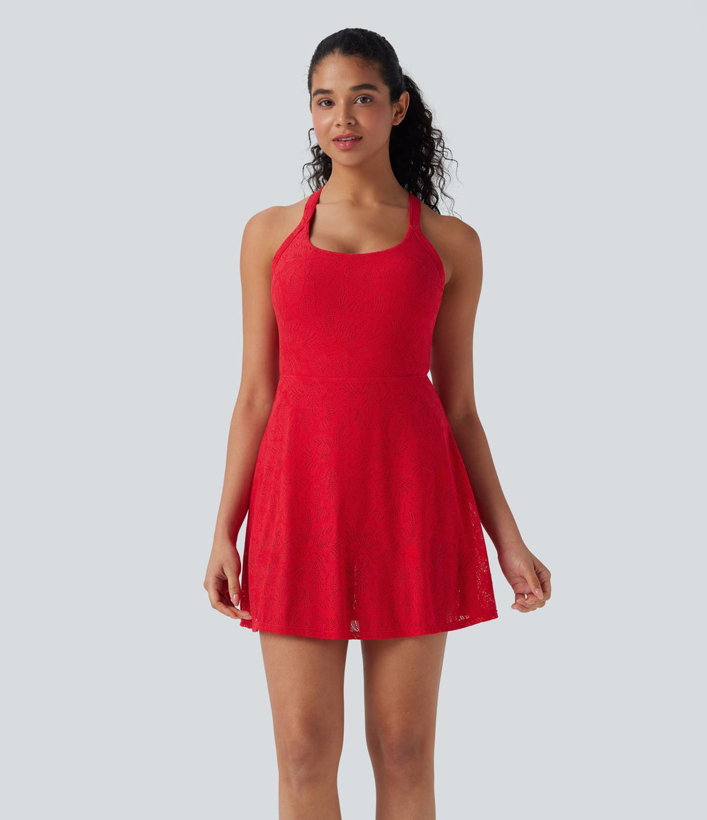 Robe-short 2-en-1 mini de danse active avec dos nu, détail torsadé, dentelle et poches-Easy Peasy