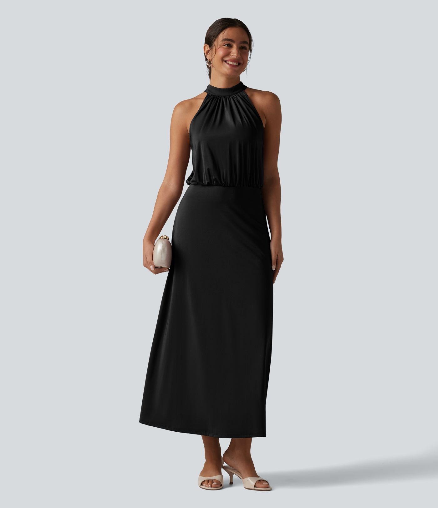 Robe midi col cheminée sans manches dos découpé extensible aspect satiné effet frais InstantCool