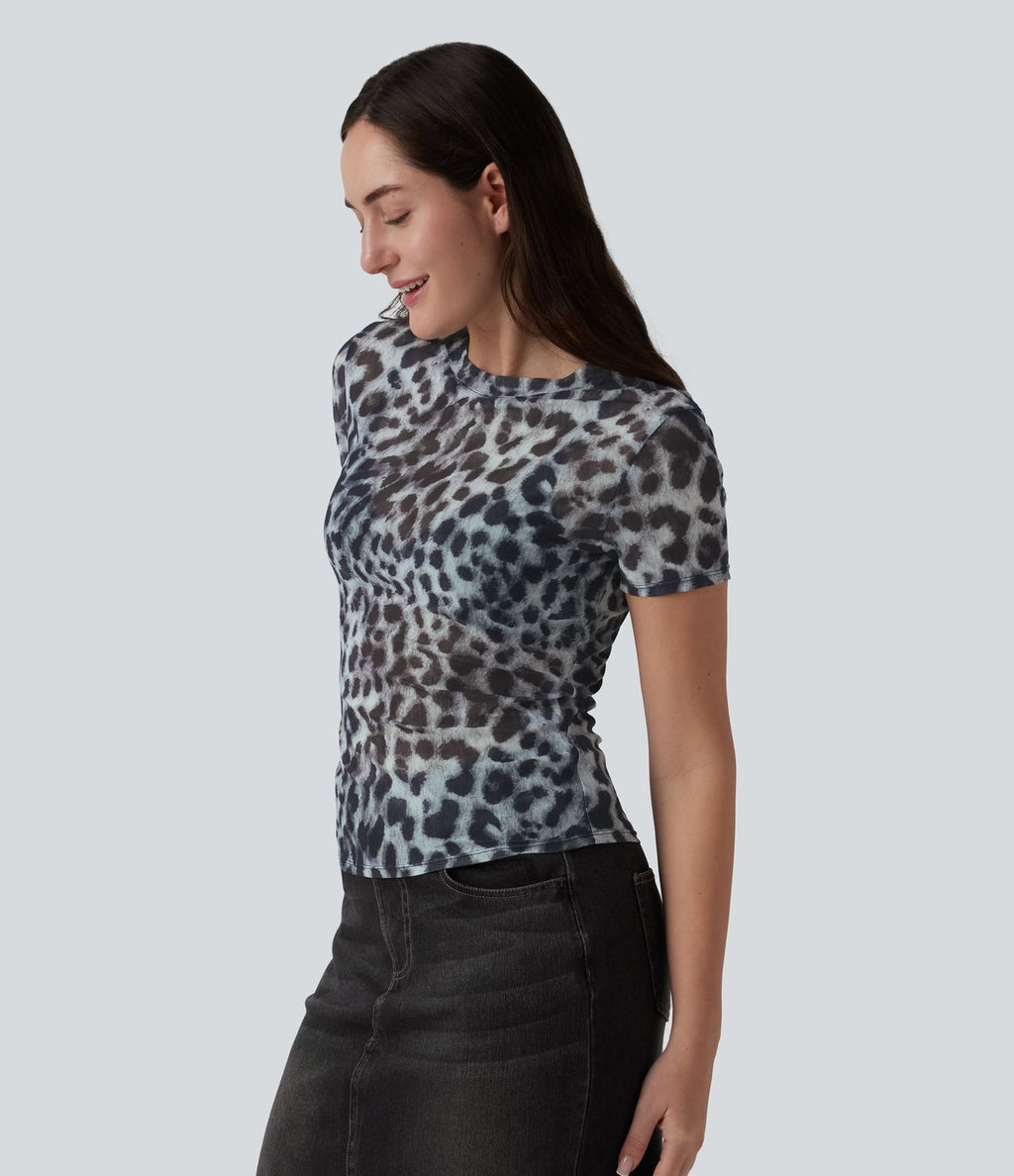 T-shirt décontracté col rond manches courtes imprimé léopard
