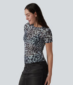 T-shirt décontracté col rond manches courtes imprimé léopard