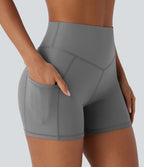 Short cycliste de yoga en similicuir à taille haute avec poches latérales 10 cm