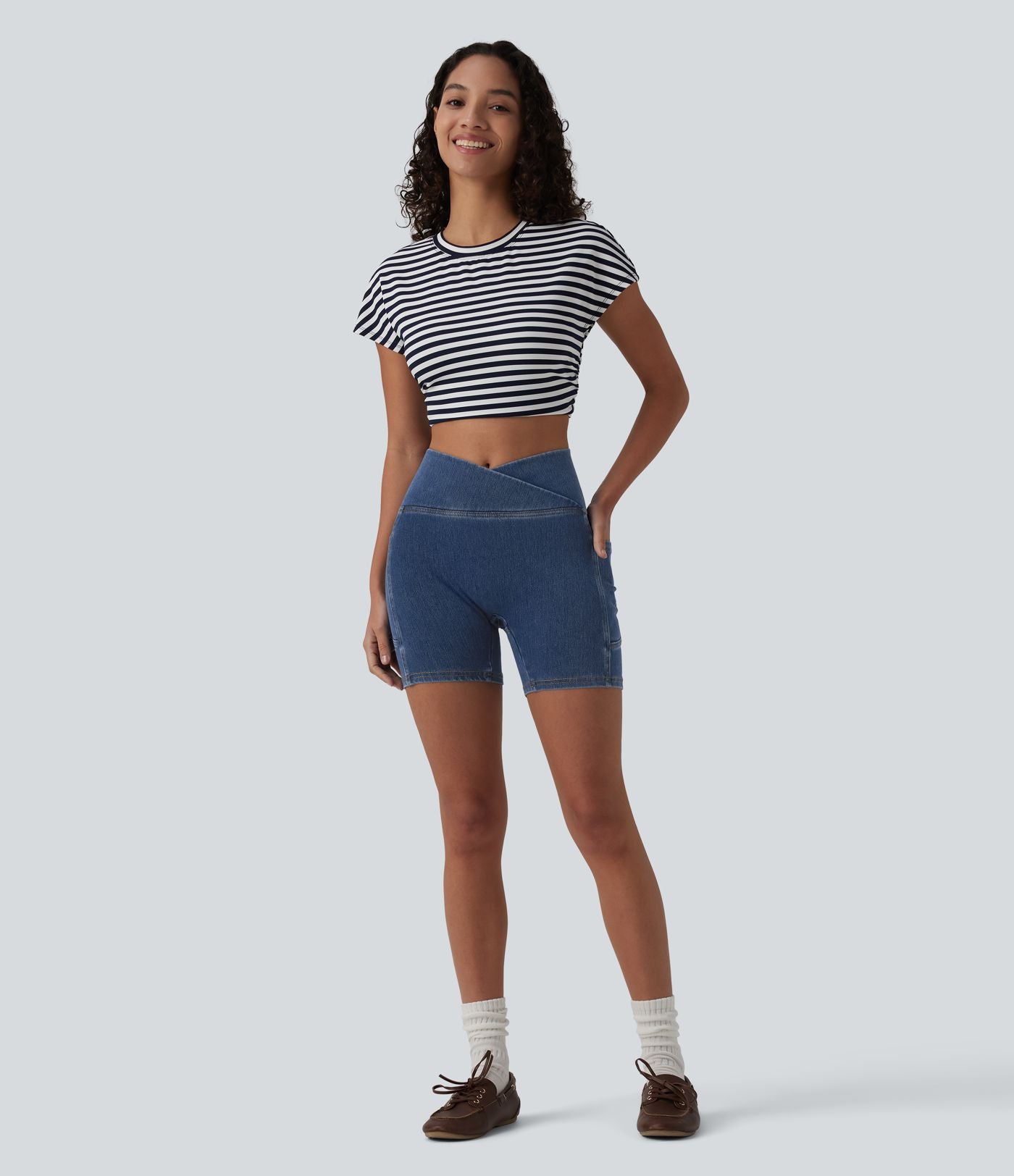 Short denim skinny décontracté Halara Flex™ croisé gainant taille haute 12,5 cm avec poches