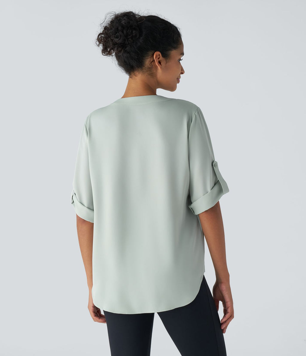 Chemise Travail à Col en V Boutonnée Manches Trois Quarts et Ourlet Courbé