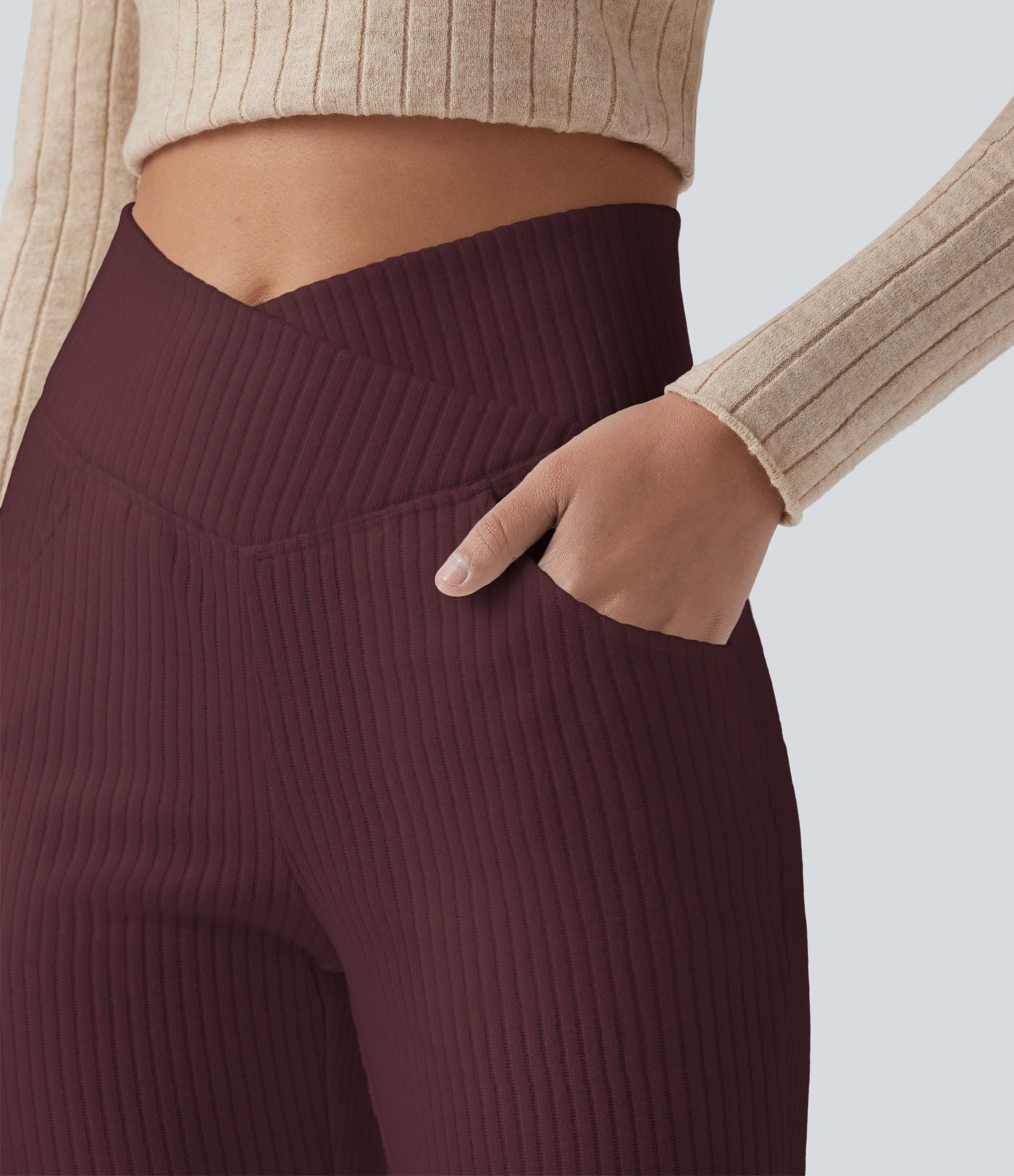 Pantalon Taille Haute Casual Évasés en Tricot Côtelé avec Poches Latérales et Croisé