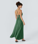 Robe Soirée Midi Encolure Côtelée Dos Nu Lacets Croisés Fendue