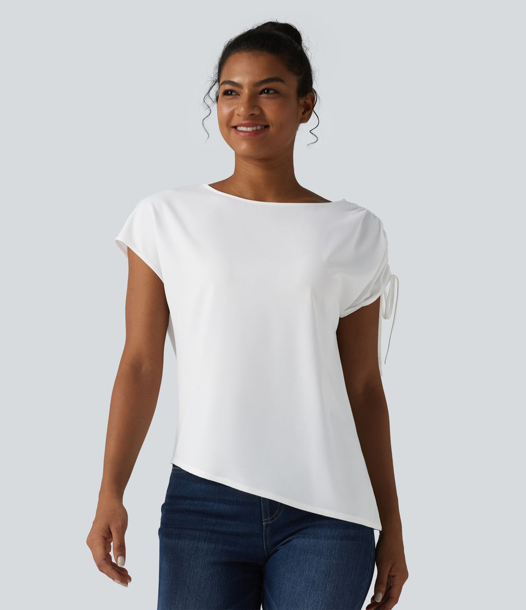 T-shirt tailleur en mousseline infroissable col bateau avec cordon de serrage et ourlet asymétrique