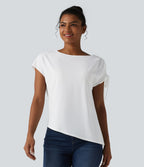 T-shirt tailleur en mousseline infroissable col bateau avec cordon de serrage et ourlet asymétrique