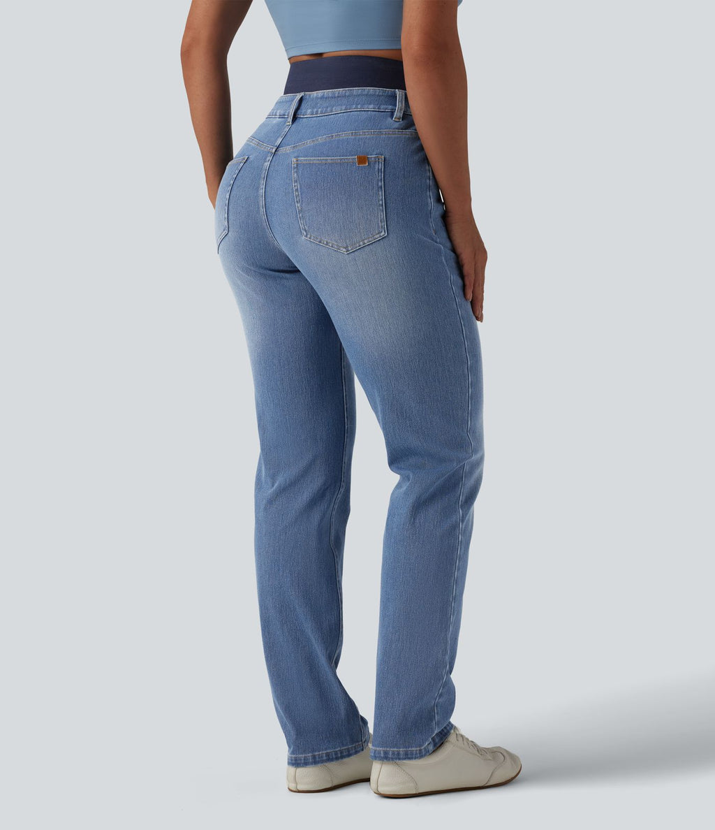 Jean ajusté décontracté Halara Flex™ double ceinture gainant taille haute avec poches