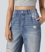 Pantalon de jogging taille haute en molleton French Terry imprimé jean avec poches