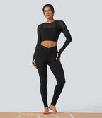 Haut de sport yoga cropped 2-en-1 manches longues mesh contrastant à trous pouces