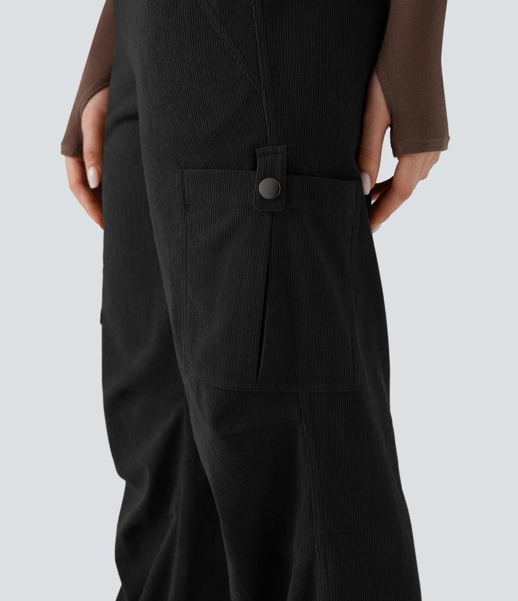 Pantalon jogging cargo velours côtelé coupe droite taille mi-haute avec cordon de serrage et poches