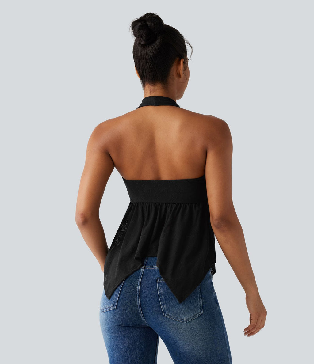 Chemisier casual en dentelle dos nu ourlet à volants avec brassière intégrée