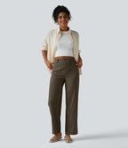 Pantalon taille haute coupe droite effet lin avec poches