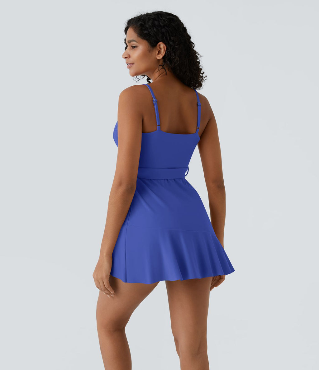 Robe décontractée mini 2-pièces col V liens latéraux volant fluide avec poche A-D