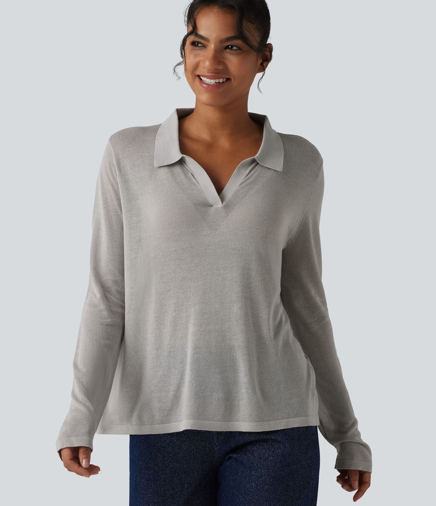 Pull casual en lyocell et lin à col polo et manches longues