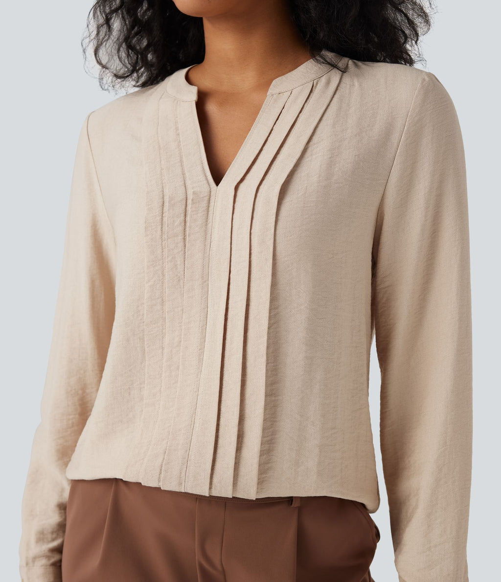 Blouse de travail manches longues col V à plis coupe décontractée