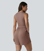 Combishort casual côtelé sans manches col V, fronces et soutien-gorge intégré, avec poches – Easy Peasy