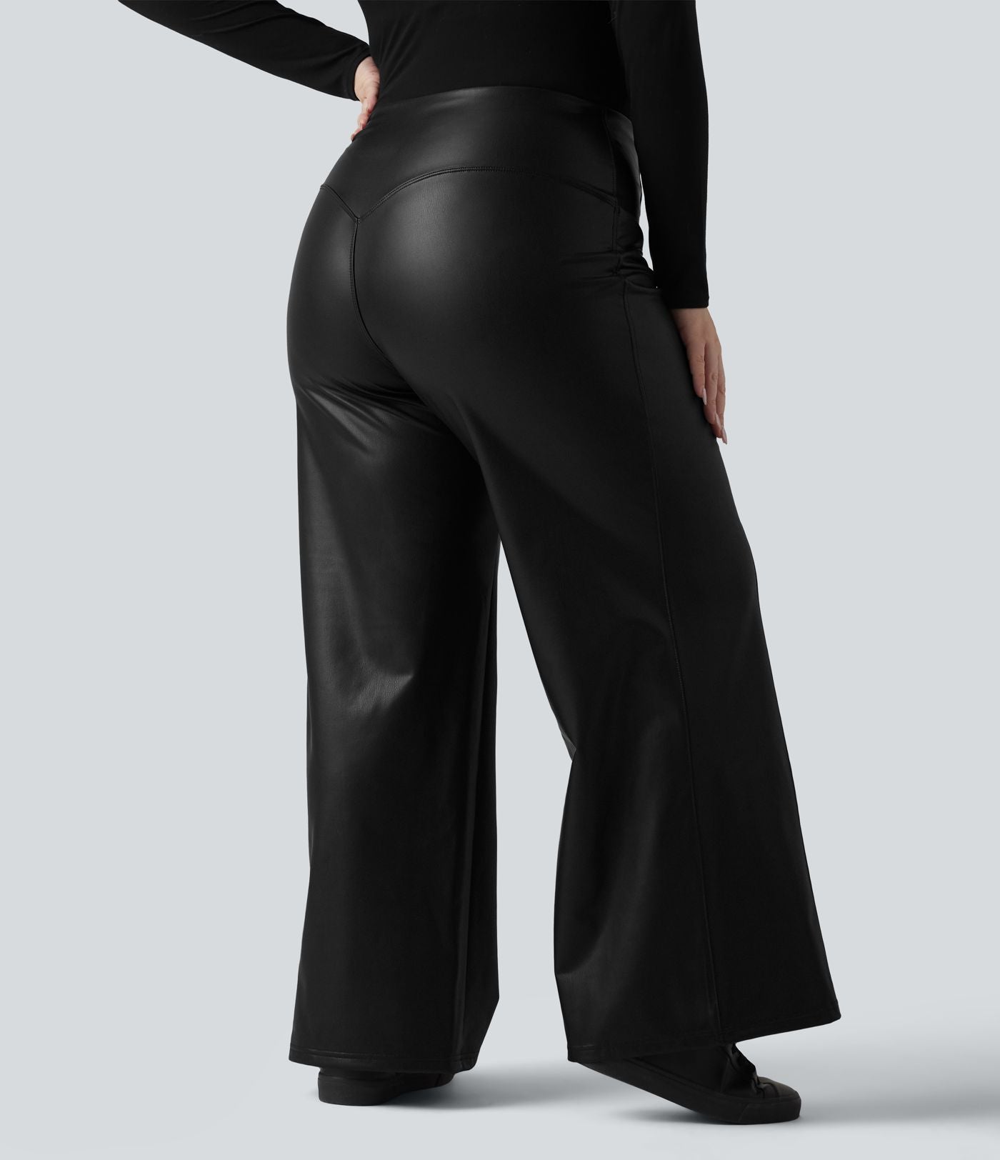 Pantalon flare grande taille en simili stretch doublé polaire, taille haute effet ventre plat avec poches