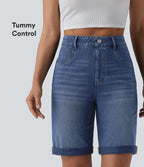 Short en jean Halara Flex™ taille haute gainant délavé à ourlet roulotté décontracté avec poches