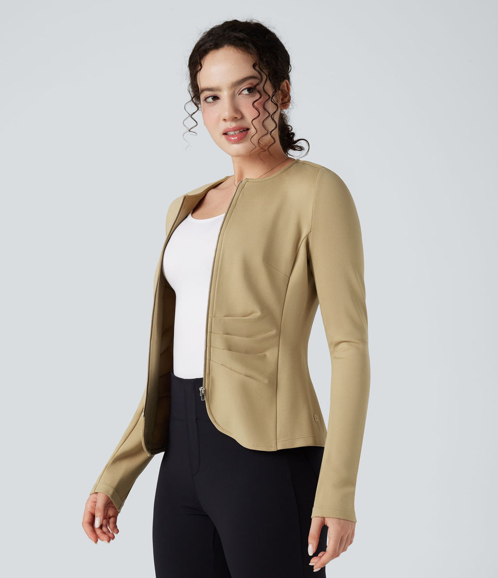 Blazer de travail col rond froncé zippé à manches longues