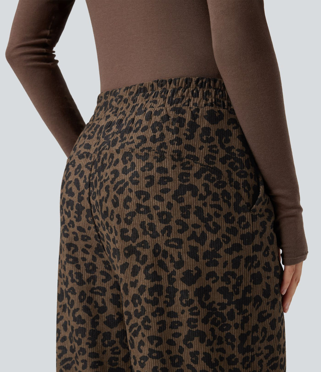 Pantalon léopard velours côtelé imprimé coupe droite mop taille haute avec poches