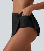 Bas de bikini 2-en-1 taille haute ourlet asymétrique avec poches