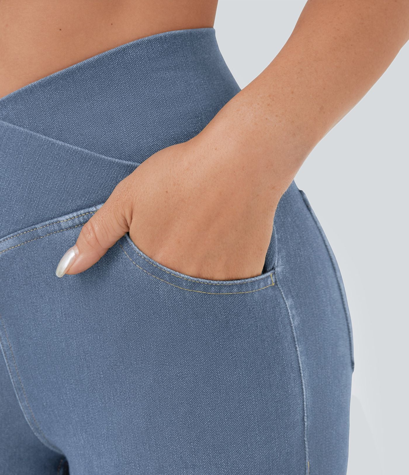 Jean super évasé Halara Flex™ décontracté maille denim extensible délavée effet frais InstantCool taille haute poches croisées