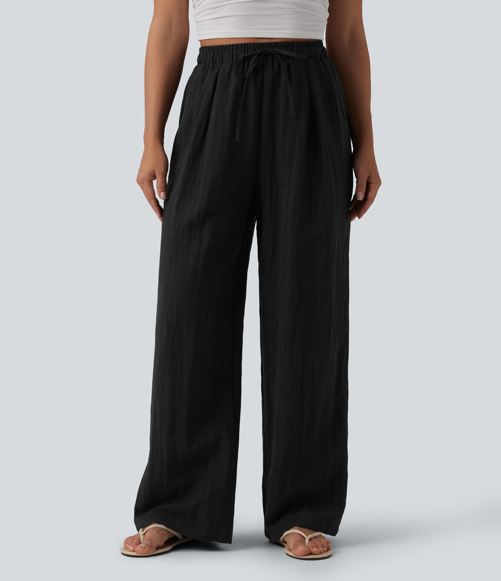 Pantalon casual ample lin taille haute à cordon de serrage avec poches