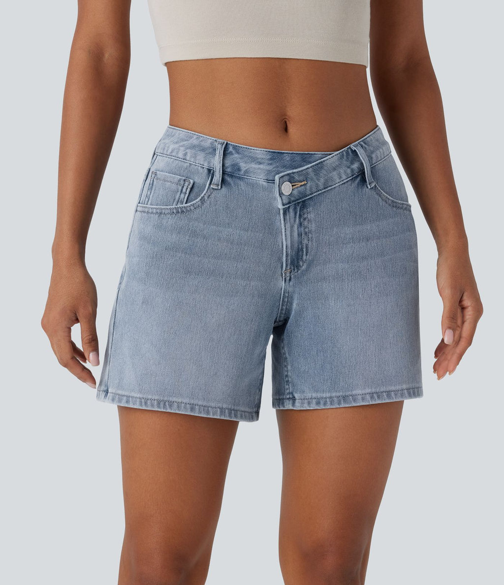 Short asymétrique en jean délavé Halara Flex™ taille basse à poches multiples